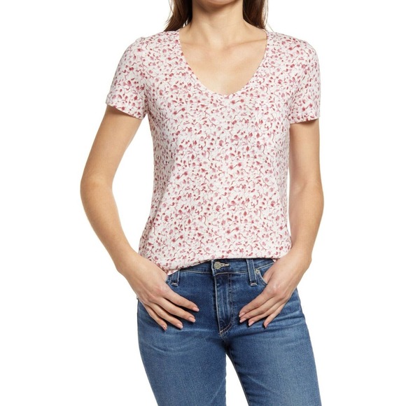 Caslon Tops - Caslon Short Sleeve T-Shirt Red Ivory Print Knit Scoop Neck Tee Womens Small